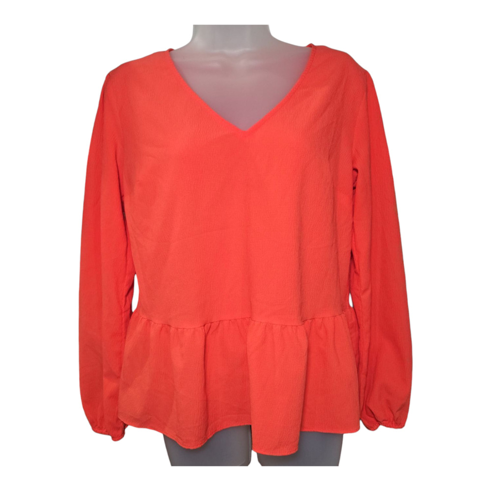Nine West Wom Small Long Sleeve Ruffle Hem Coral Pink Blouse Spring Easter EUC - Picture 1 of 10